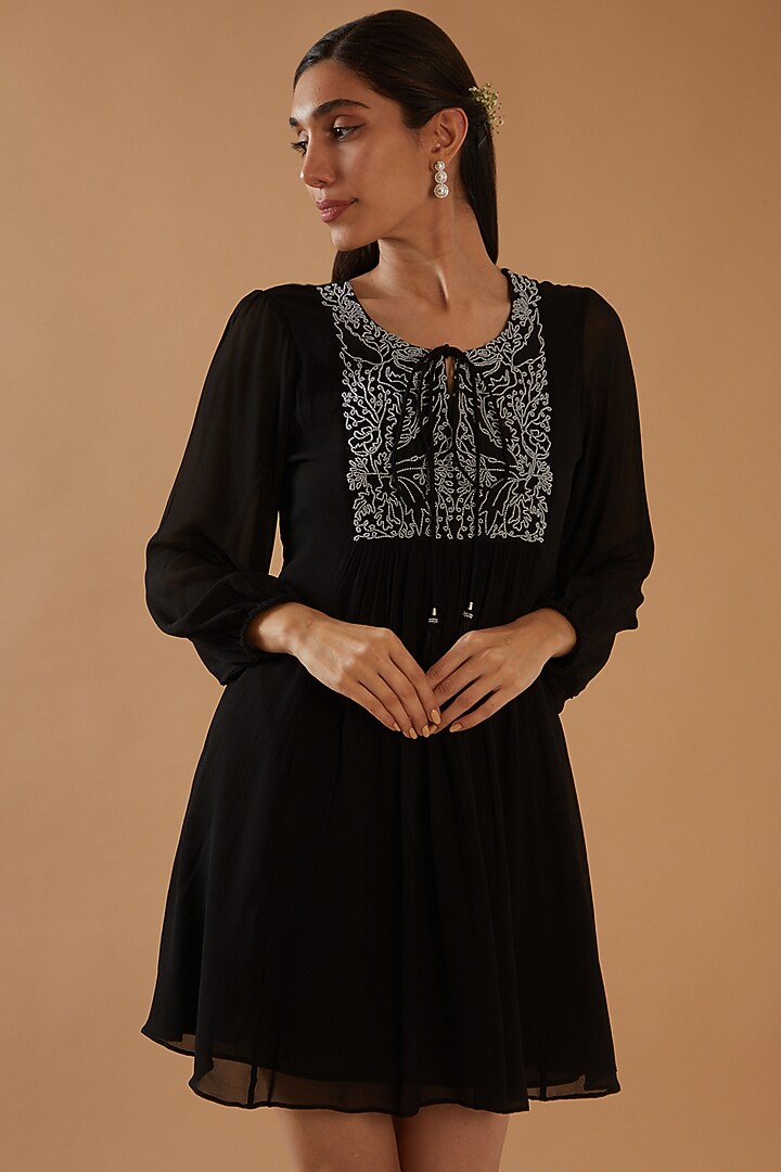 Black Georgette Embroidered Summer Dress by ANGSA BY NIDHIR & SHELLY at Pernia's Pop Up Shop