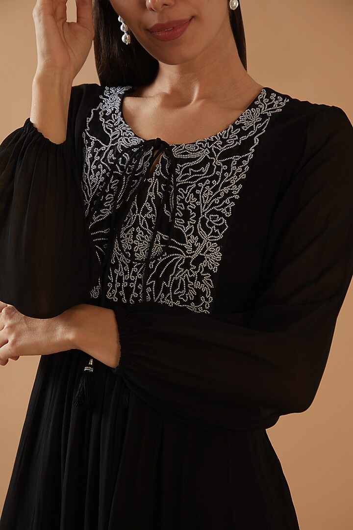 Black Georgette Embroidered Summer Dress by ANGSA BY NIDHIR & SHELLY at Pernia's Pop Up Shop