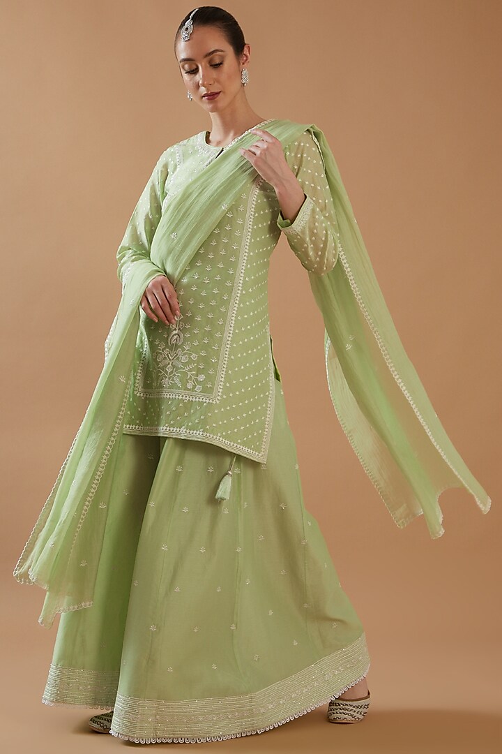 Mint Green Chanderi Silk Embroidered Sharara Set by ANGSA BY NIDHIR & SHELLY
