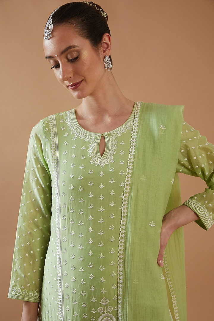 Mint Green Chanderi Silk Embroidered Party Wear Sharara Set by ANGSA BY NIDHIR & SHELLY at Pernia's Pop Up Shop