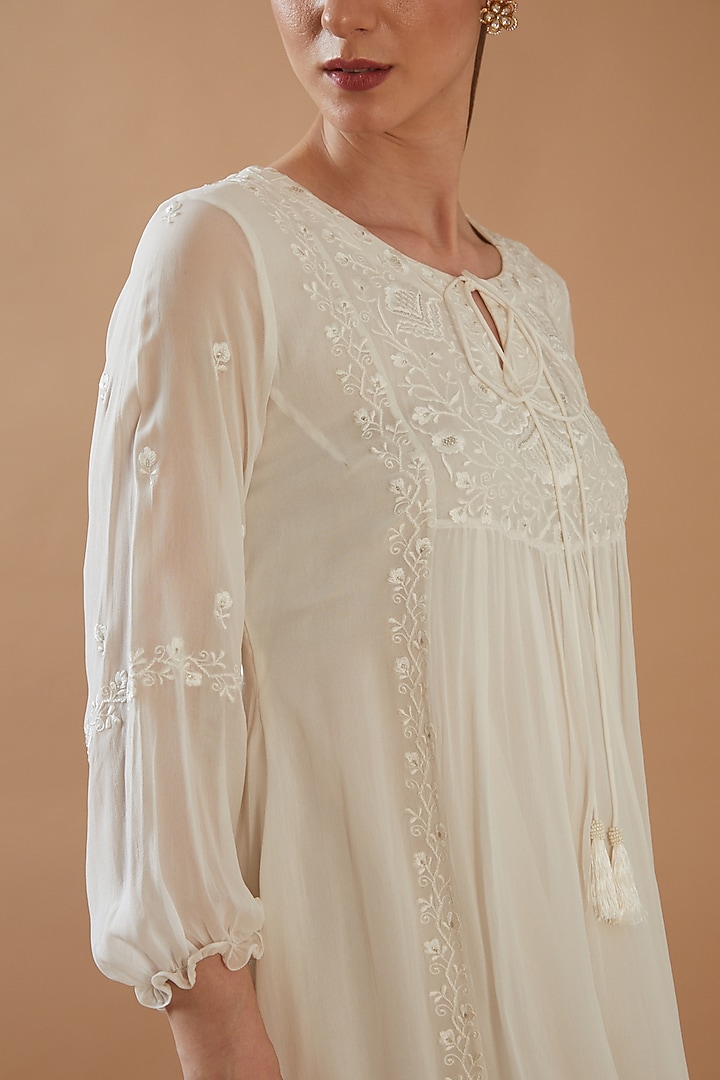 White Georgette Embroidered Summer Dress by ANGSA BY NIDHIR & SHELLY at Pernia's Pop Up Shop