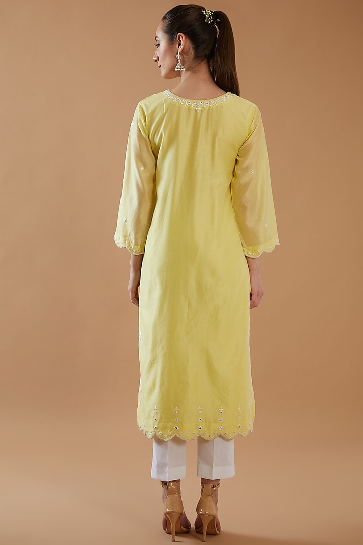 Lemon Yellow Chanderi Silk Embroidered Kurta Set by ANGSA BY NIDHIR & SHELLY at Pernia's Pop Up Shop