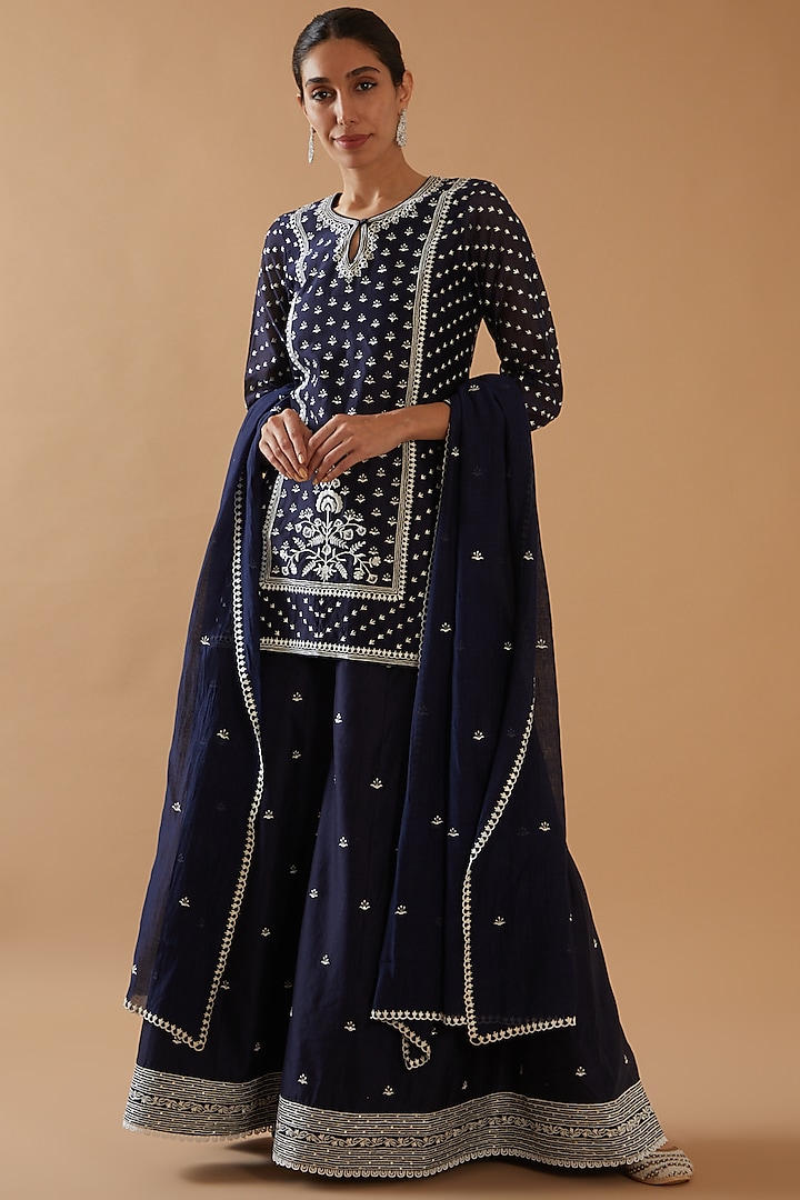 Navy Blue Chanderi Silk Embroidered Sharara Set by ANGSA BY NIDHIR & SHELLY