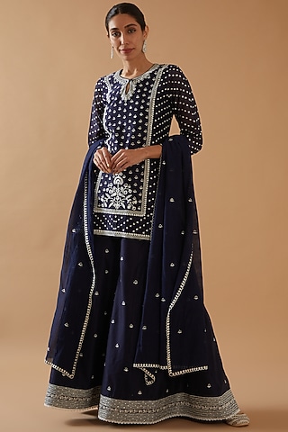 Navy Blue Chanderi Silk Embroidered Sharara Set by ANGSA BY NIDHIR & SHELLY