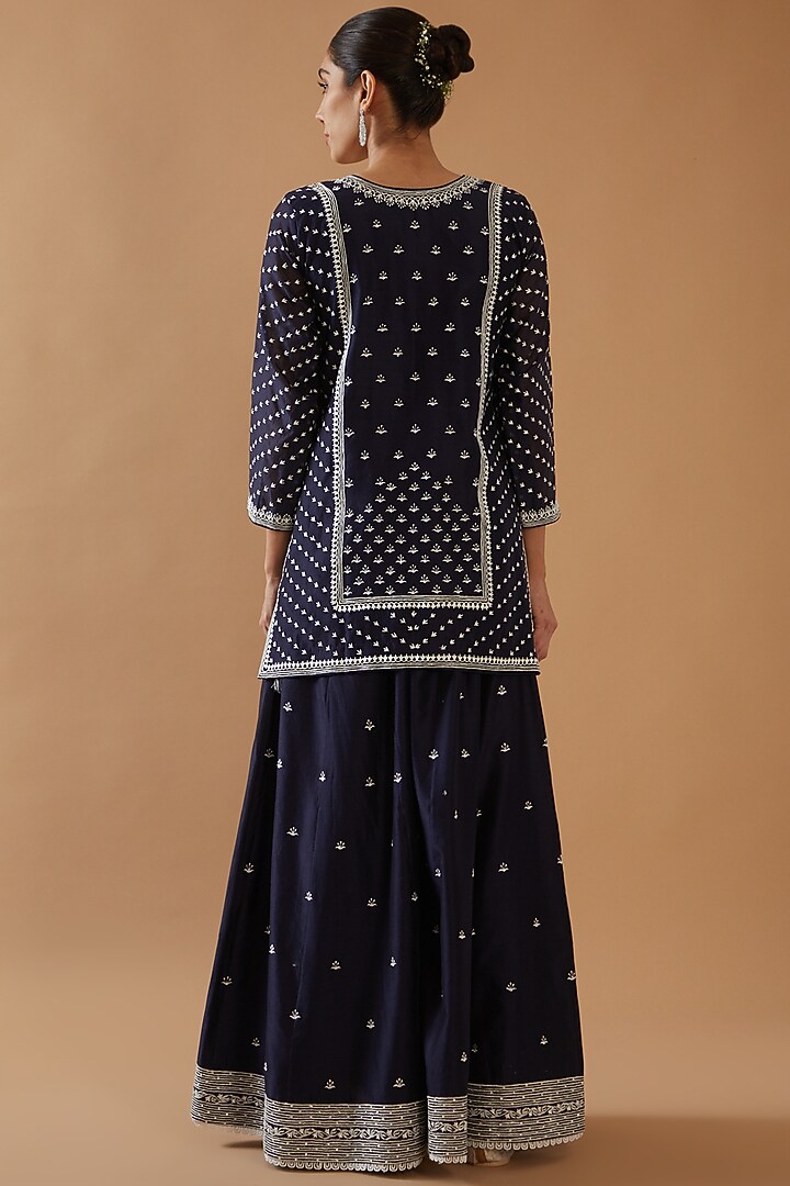 Navy Blue Chanderi Silk Embroidered Party Wear Sharara Set by ANGSA BY NIDHIR & SHELLY at Pernia's Pop Up Shop