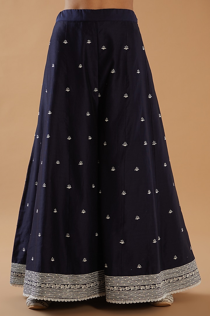Navy Blue Chanderi Silk Embroidered Party Wear Sharara Set by ANGSA BY NIDHIR & SHELLY at Pernia's Pop Up Shop