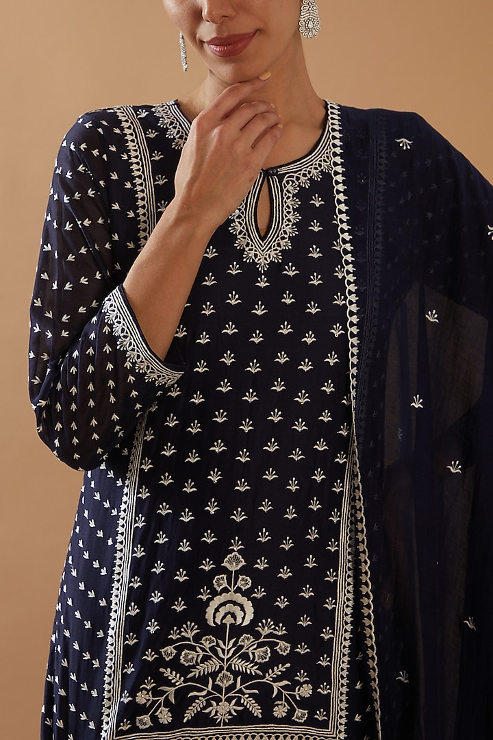 Navy Blue Chanderi Silk Embroidered Party Wear Sharara Set by ANGSA BY NIDHIR & SHELLY at Pernia's Pop Up Shop