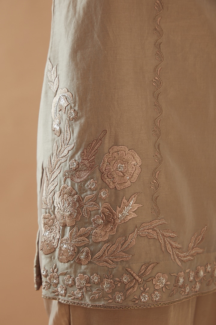 Fawn Chanderi Silk Embroidered Kurta Set by ANGSA BY NIDHIR & SHELLY at Pernia's Pop Up Shop