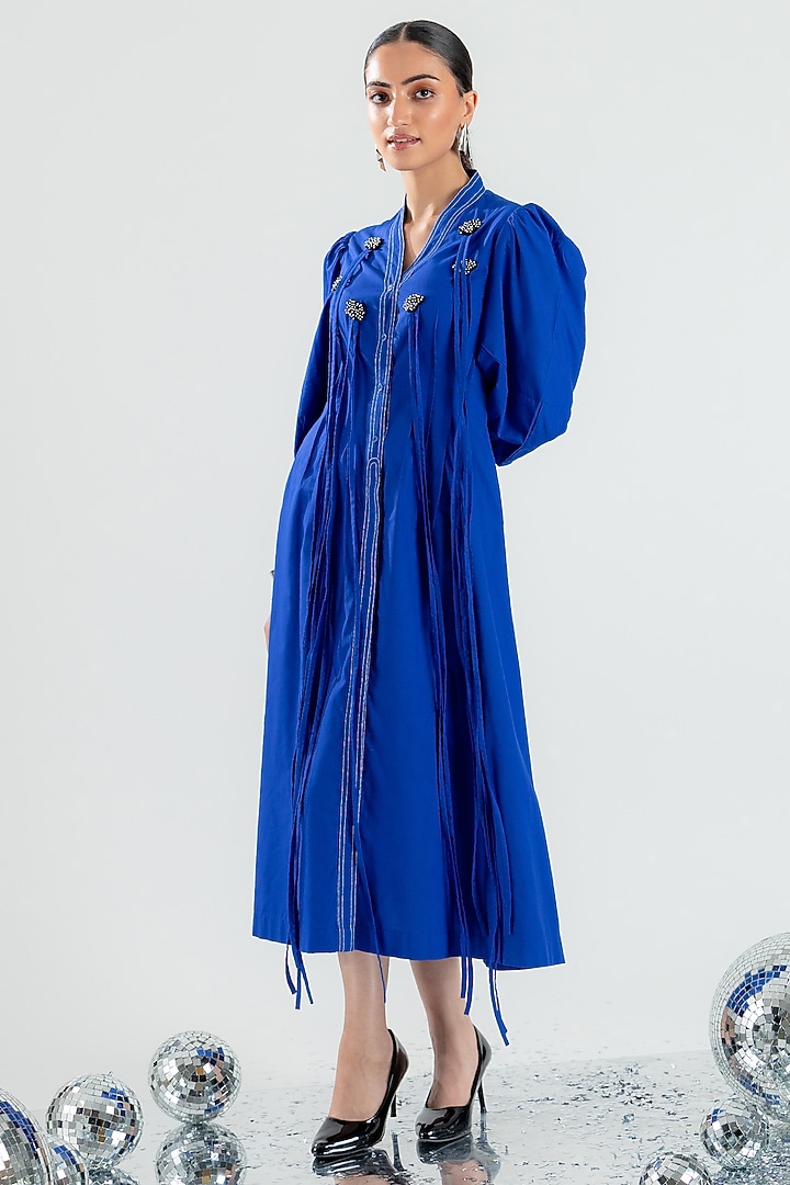 Royal Blue Cotton Sequin & Bead Hand Embroidered Midi Summer Dress by ANGSA BY NIDHIR & SHELLY at Pernia's Pop Up Shop