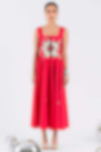 Magenta Cotton Hand Floral Embroidered Midi Vacation Dress by ANGSA BY NIDHIR & SHELLY at Pernia's Pop Up Shop