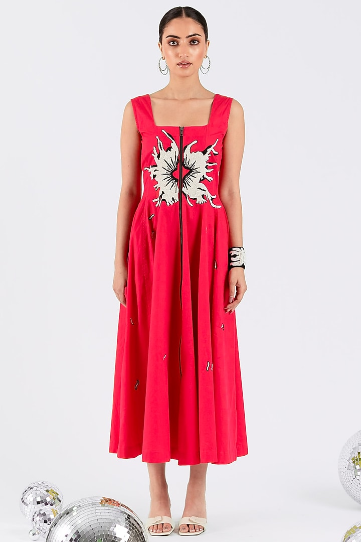 Magenta Cotton Hand Floral Embroidered Midi Vacation Dress by ANGSA BY NIDHIR & SHELLY at Pernia's Pop Up Shop