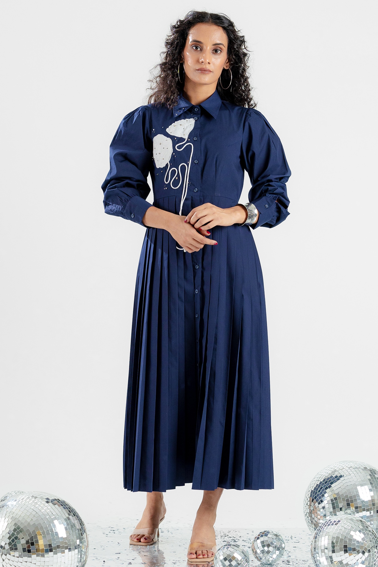 ANGSA BY NIDHIR & SHELLY Navy Blue Cotton Hand Floral Applique Embroidered Midi Dress