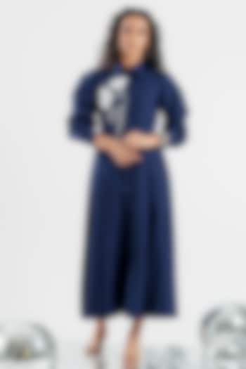 Navy Blue Cotton Hand Floral Applique Embroidered Midi Summer Dress by ANGSA BY NIDHIR & SHELLY at Pernia's Pop Up Shop
