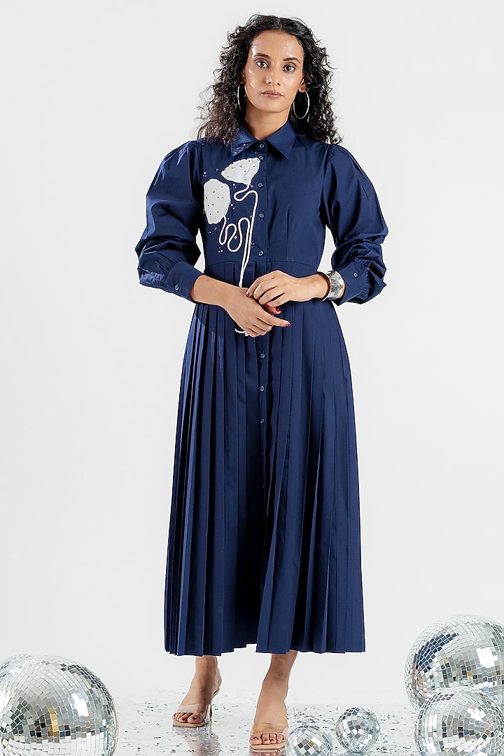 Navy Blue Cotton Hand Floral Applique Embroidered Midi Summer Dress by ANGSA BY NIDHIR & SHELLY at Pernia's Pop Up Shop