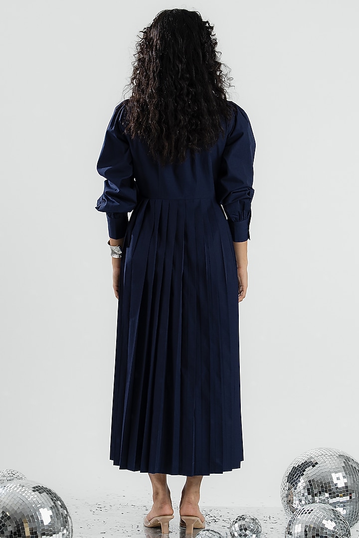 Navy Blue Cotton Hand Floral Applique Embroidered Midi Summer Dress by ANGSA BY NIDHIR & SHELLY at Pernia's Pop Up Shop