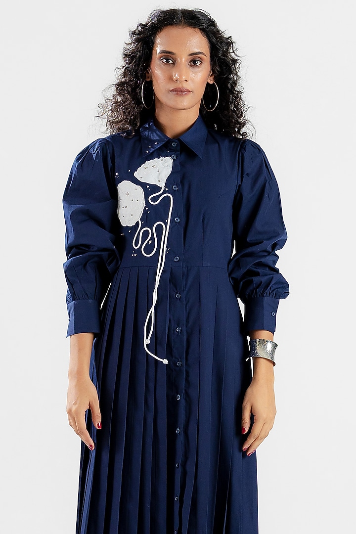 Navy Blue Cotton Hand Floral Applique Embroidered Midi Summer Dress by ANGSA BY NIDHIR & SHELLY at Pernia's Pop Up Shop