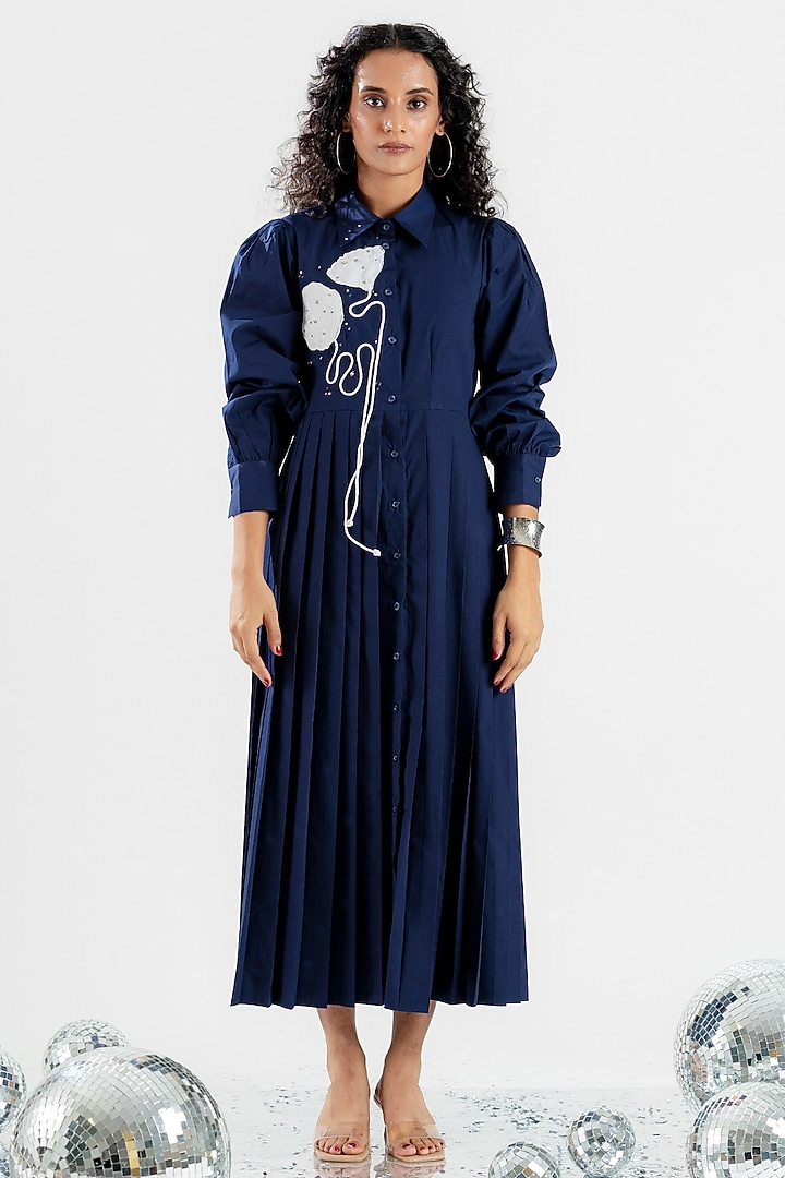 Navy Blue Cotton Hand Floral Applique Embroidered Midi Summer Dress by ANGSA BY NIDHIR & SHELLY at Pernia's Pop Up Shop