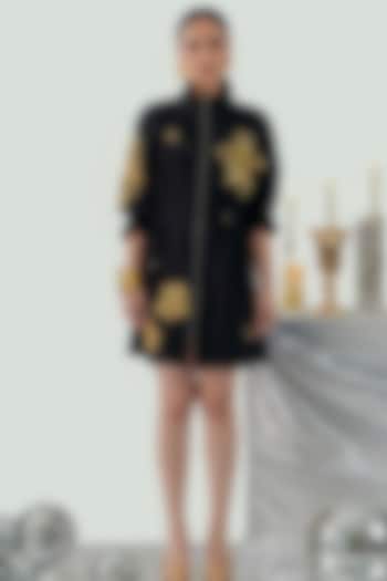Black Cotton Floral Hand Embroidered Mini Vacation Dress by ANGSA BY NIDHIR & SHELLY at Pernia's Pop Up Shop