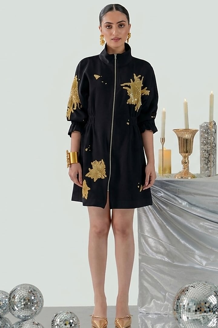 Black Cotton Floral Hand Embroidered Mini Vacation Dress by ANGSA BY NIDHIR & SHELLY at Pernia's Pop Up Shop