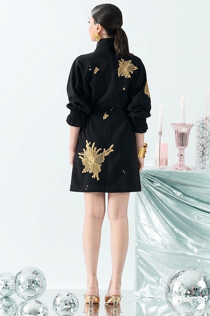 Black Cotton Floral Hand Embroidered Mini Vacation Dress by ANGSA BY NIDHIR & SHELLY at Pernia's Pop Up Shop