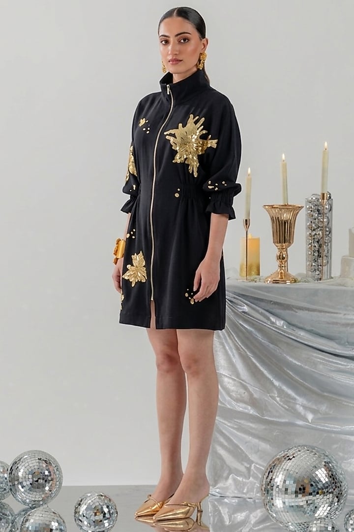 Black Cotton Floral Hand Embroidered Mini Vacation Dress by ANGSA BY NIDHIR & SHELLY at Pernia's Pop Up Shop