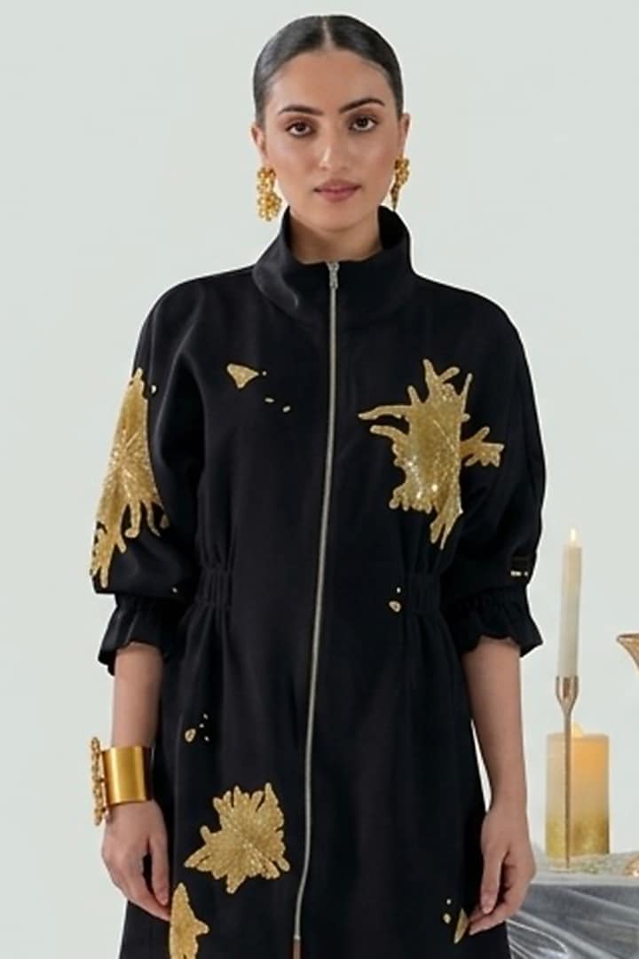 Black Cotton Floral Hand Embroidered Mini Vacation Dress by ANGSA BY NIDHIR & SHELLY at Pernia's Pop Up Shop