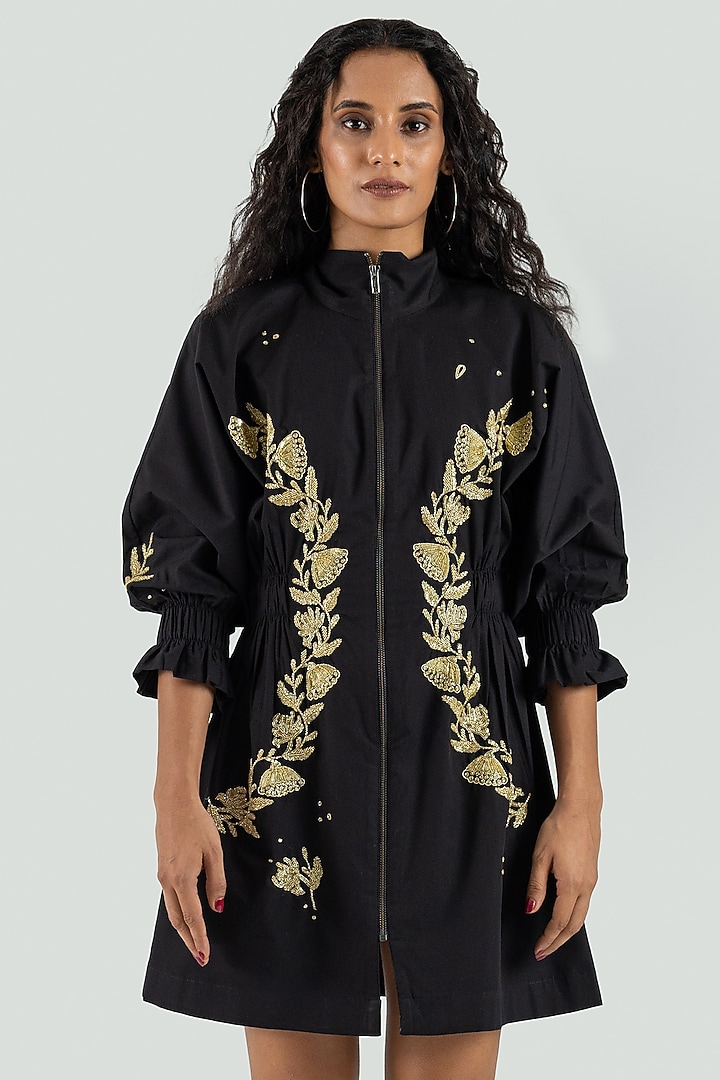 Black Cotton Sequins Hand Embroidered Mini Vacation Dress by ANGSA BY NIDHIR & SHELLY at Pernia's Pop Up Shop