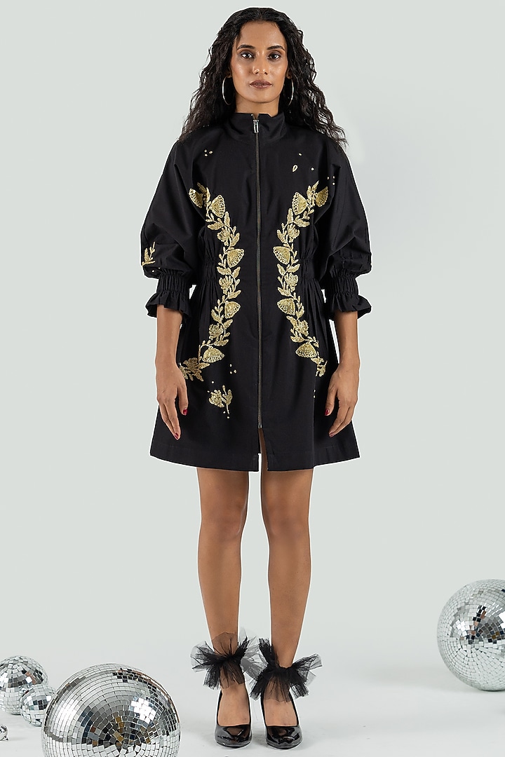 Black Cotton Sequins Hand Embroidered Mini Vacation Dress by ANGSA BY NIDHIR & SHELLY at Pernia's Pop Up Shop