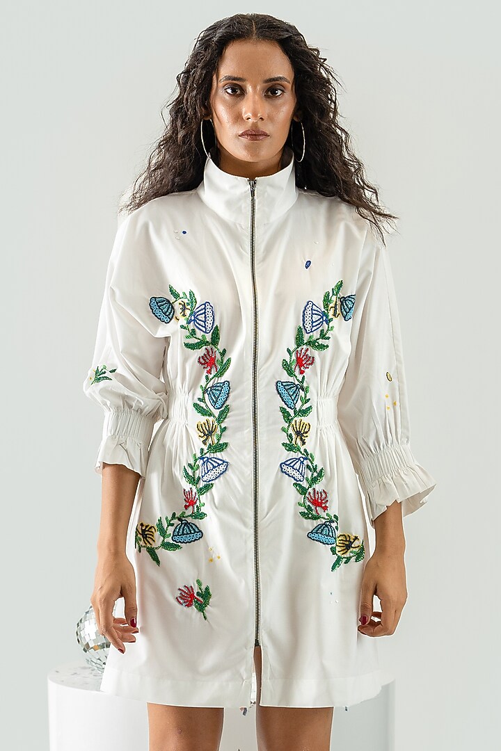 White Cotton Sequins Embroidered Mini Vacation Dress by ANGSA BY NIDHIR & SHELLY at Pernia's Pop Up Shop