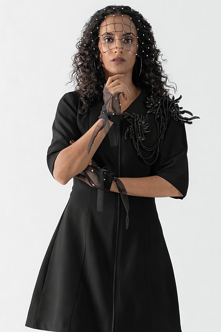 Black Banana Crepe Floral Applique Hand Embroidered A-Line Vacation Dress by ANGSA BY NIDHIR & SHELLY at Pernia's Pop Up Shop