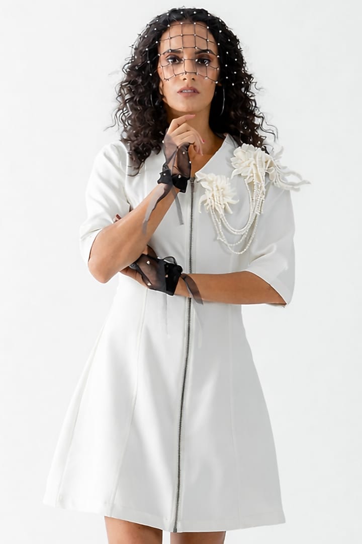 Ivory Banana Crepe Floral Applique Hand Embroidered A-Line Vacation Dress by ANGSA BY NIDHIR & SHELLY at Pernia's Pop Up Shop