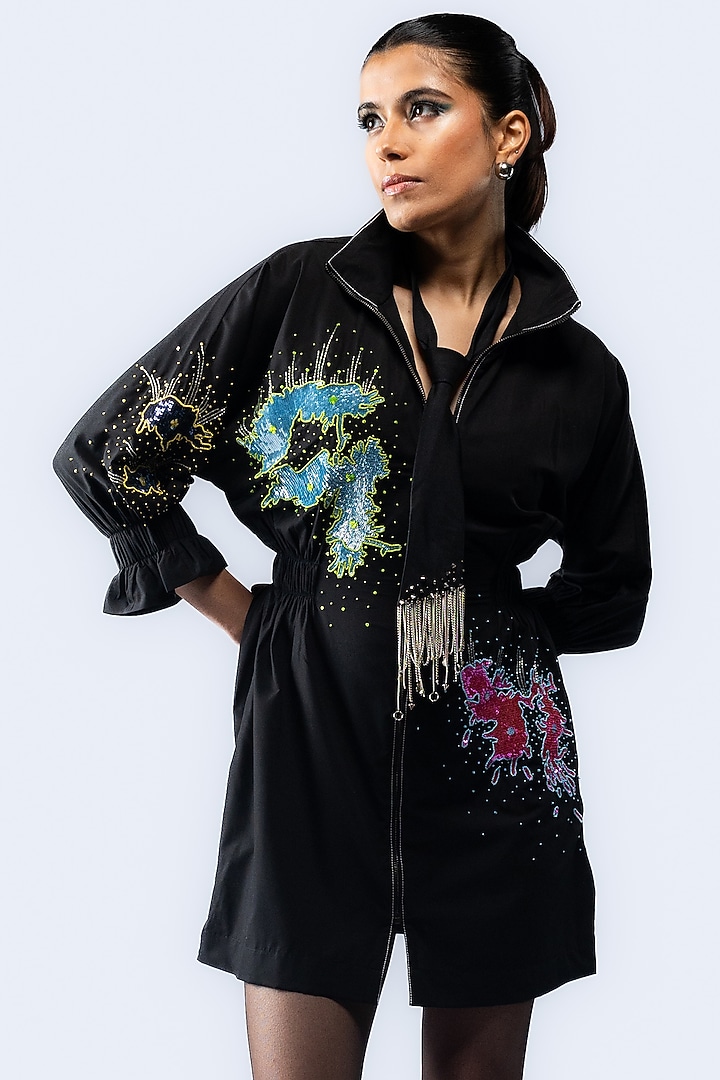 Black Cotton Sequin Hand Embroidered Mini Vacation Dress by ANGSA BY NIDHIR & SHELLY at Pernia's Pop Up Shop