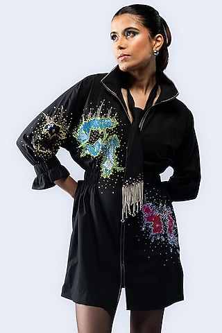 Black Cotton Sequin Hand Embroidered Mini Dress by ANGSA BY NIDHIR & SHELLY