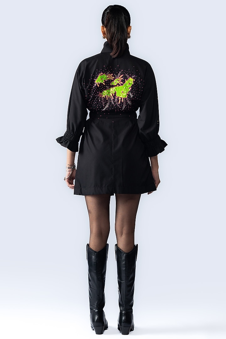 Black Cotton Sequin Hand Embroidered Mini Vacation Dress by ANGSA BY NIDHIR & SHELLY at Pernia's Pop Up Shop