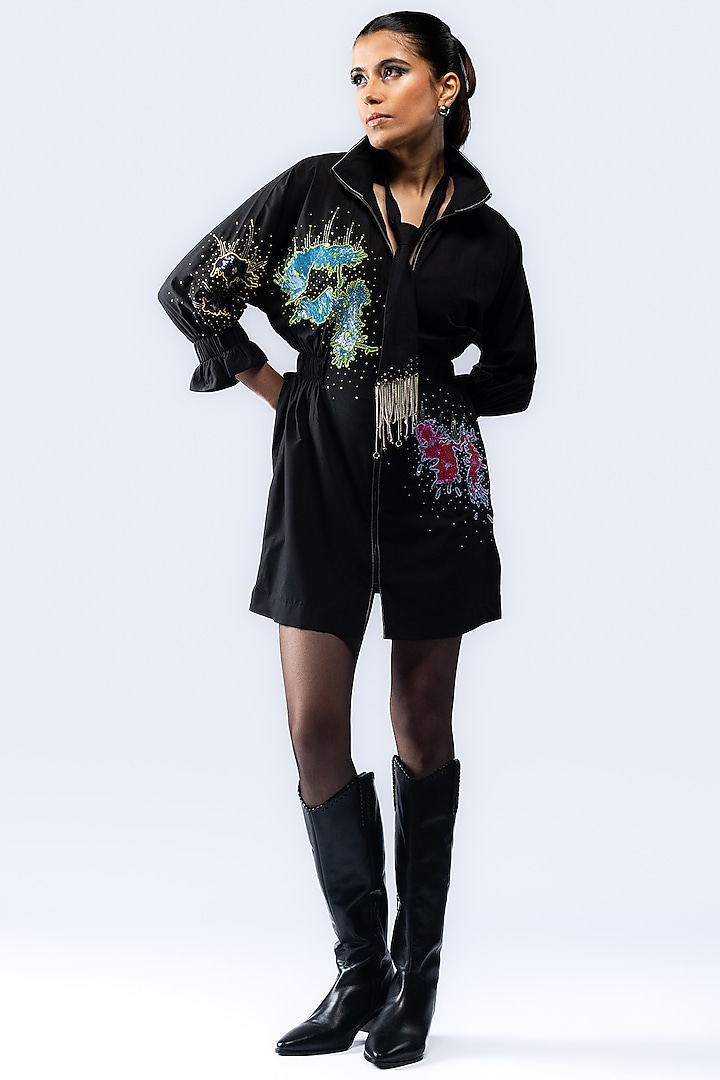 Black Cotton Sequin Hand Embroidered Mini Vacation Dress by ANGSA BY NIDHIR & SHELLY at Pernia's Pop Up Shop