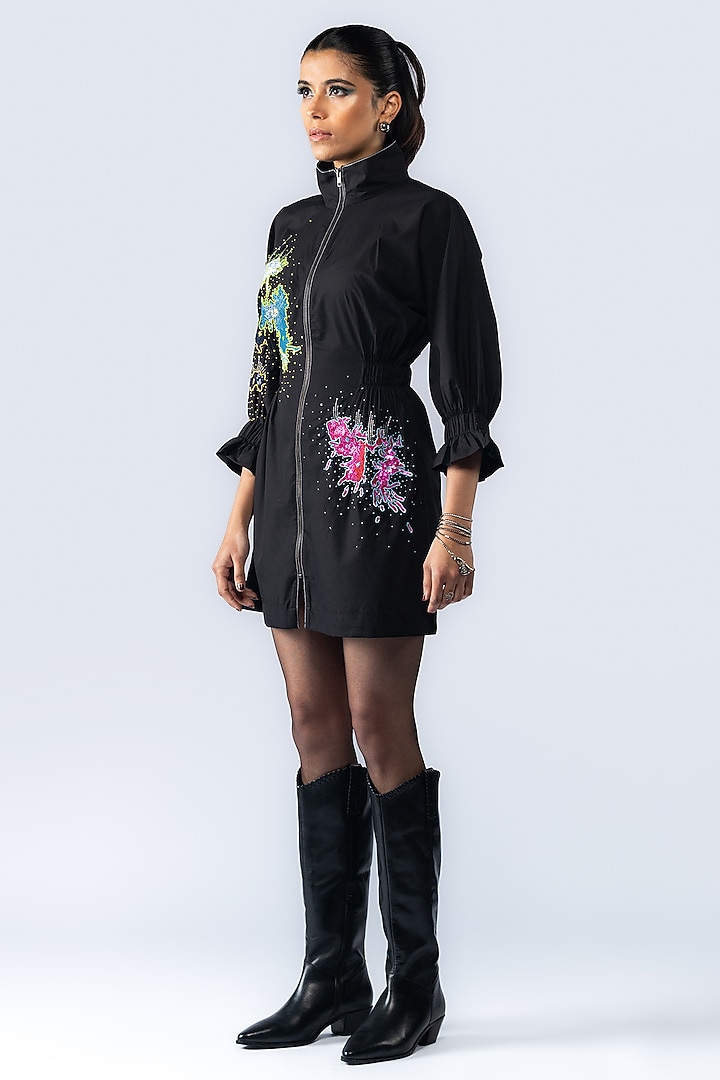 Black Cotton Sequin Hand Embroidered Mini Vacation Dress by ANGSA BY NIDHIR & SHELLY at Pernia's Pop Up Shop