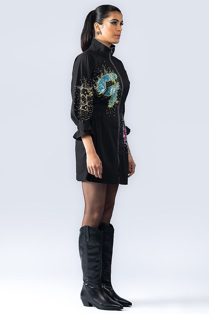 Black Cotton Sequin Hand Embroidered Mini Vacation Dress by ANGSA BY NIDHIR & SHELLY at Pernia's Pop Up Shop
