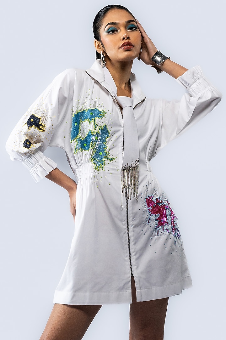 White Cotton Sequin Hand Embroidered Mini Vacation Dress by ANGSA BY NIDHIR & SHELLY at Pernia's Pop Up Shop