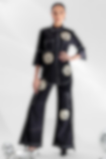 Black Cotton Beads Floral Applique Co-ord Set by ANGSA BY NIDHIR & SHELLY at Pernia's Pop Up Shop