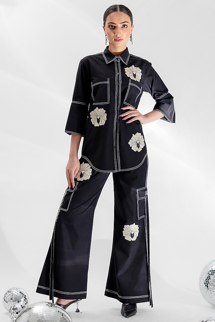 Black Cotton Beads Floral Applique Co-ord Set by ANGSA BY NIDHIR & SHELLY at Pernia's Pop Up Shop