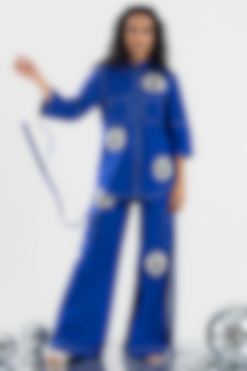 Royal Blue Cotton Beads Floral Applique Co-ord Set by ANGSA BY NIDHIR & SHELLY at Pernia's Pop Up Shop