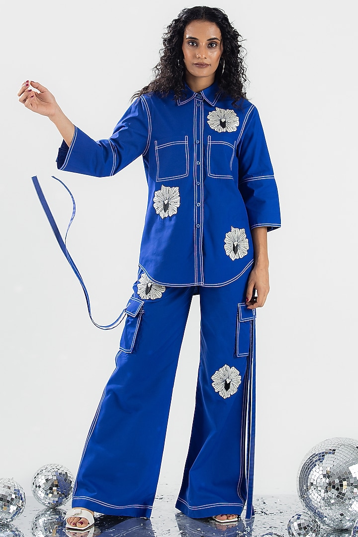 Royal Blue Cotton Beads Floral Applique Co-ord Set by ANGSA BY NIDHIR & SHELLY at Pernia's Pop Up Shop