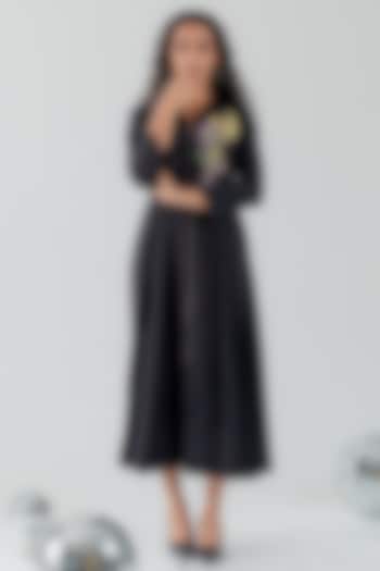 Black Banana Crepe Motifs Embroidered Midi Vacation Dress by ANGSA BY NIDHIR & SHELLY at Pernia's Pop Up Shop