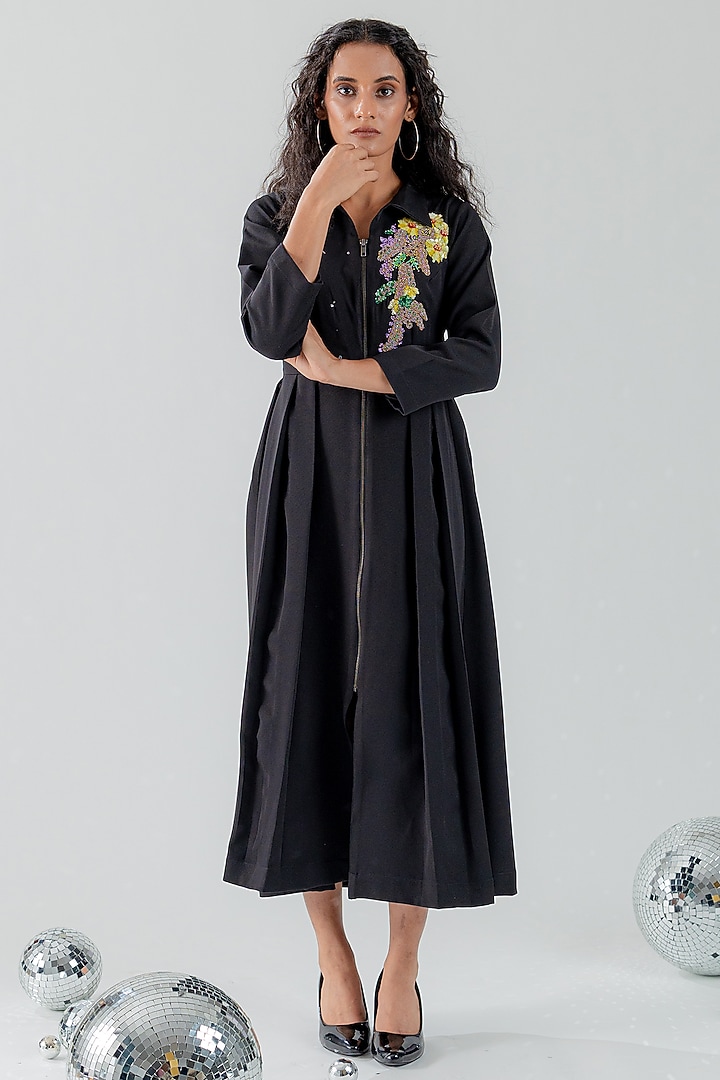 Black Banana Crepe Motifs Embroidered Midi Vacation Dress by ANGSA BY NIDHIR & SHELLY at Pernia's Pop Up Shop