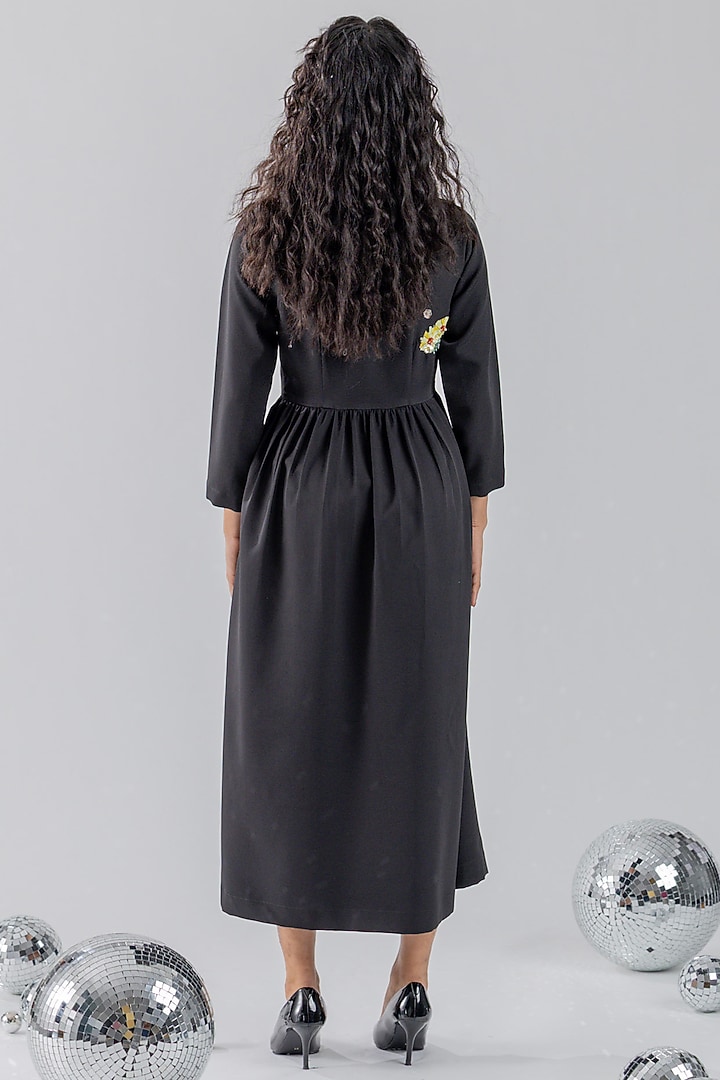 Black Banana Crepe Motifs Embroidered Midi Vacation Dress by ANGSA BY NIDHIR & SHELLY at Pernia's Pop Up Shop