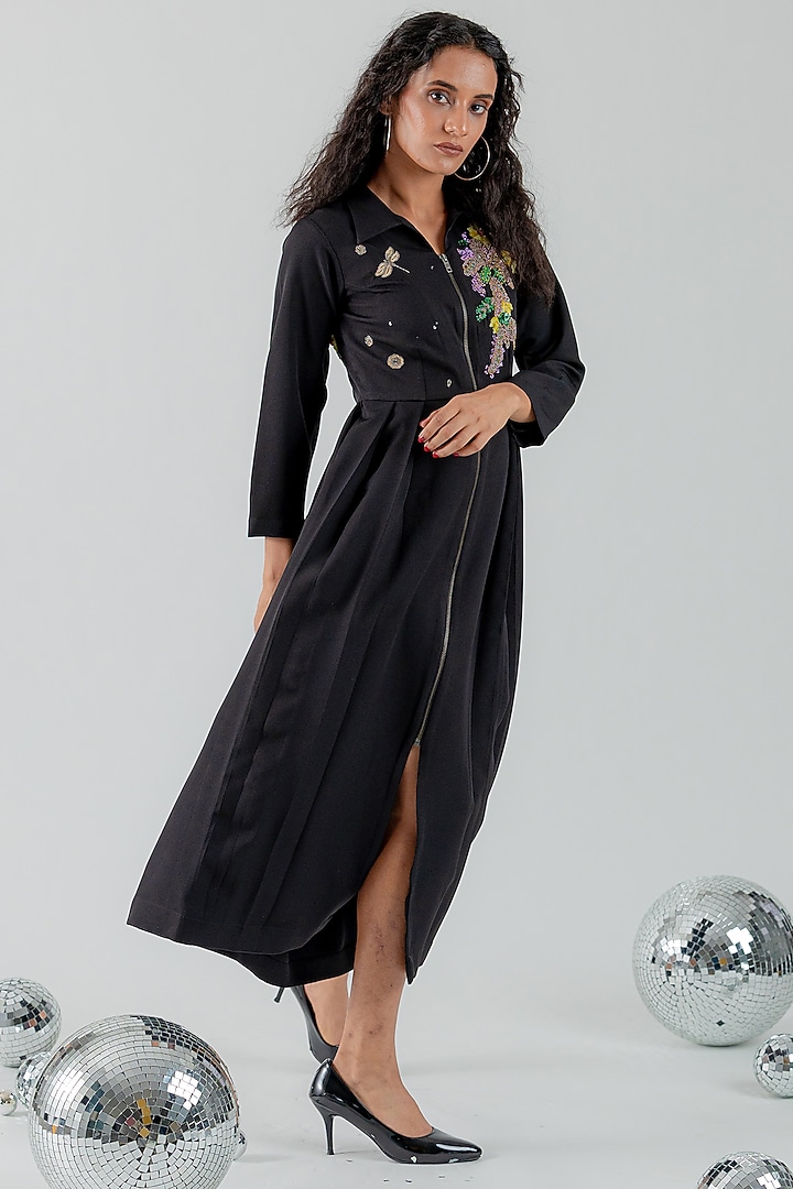 Black Banana Crepe Motifs Embroidered Midi Vacation Dress by ANGSA BY NIDHIR & SHELLY at Pernia's Pop Up Shop