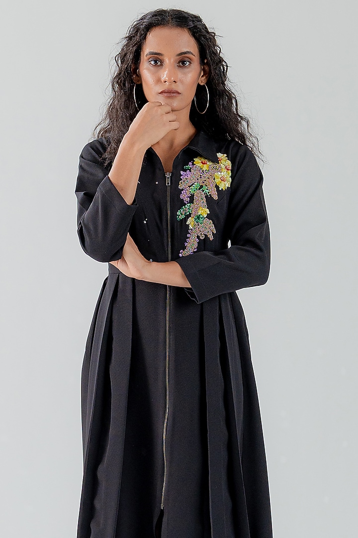 Black Banana Crepe Motifs Embroidered Midi Vacation Dress by ANGSA BY NIDHIR & SHELLY at Pernia's Pop Up Shop