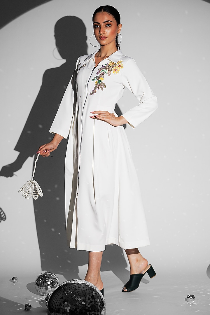 Ivory Banana Crepe Motifs Embroidered Midi Vacation Dress by ANGSA BY NIDHIR & SHELLY at Pernia's Pop Up Shop