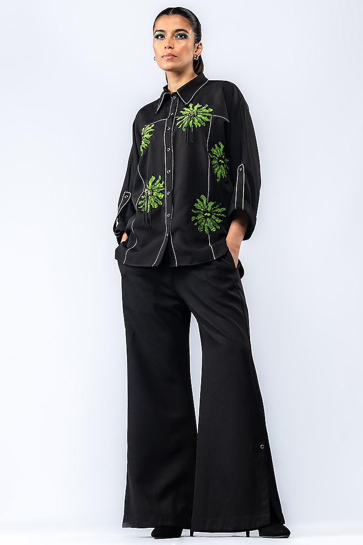 Black Banana Crepe Floral Hand Embroidered Co-ord Set by ANGSA BY NIDHIR & SHELLY at Pernia's Pop Up Shop