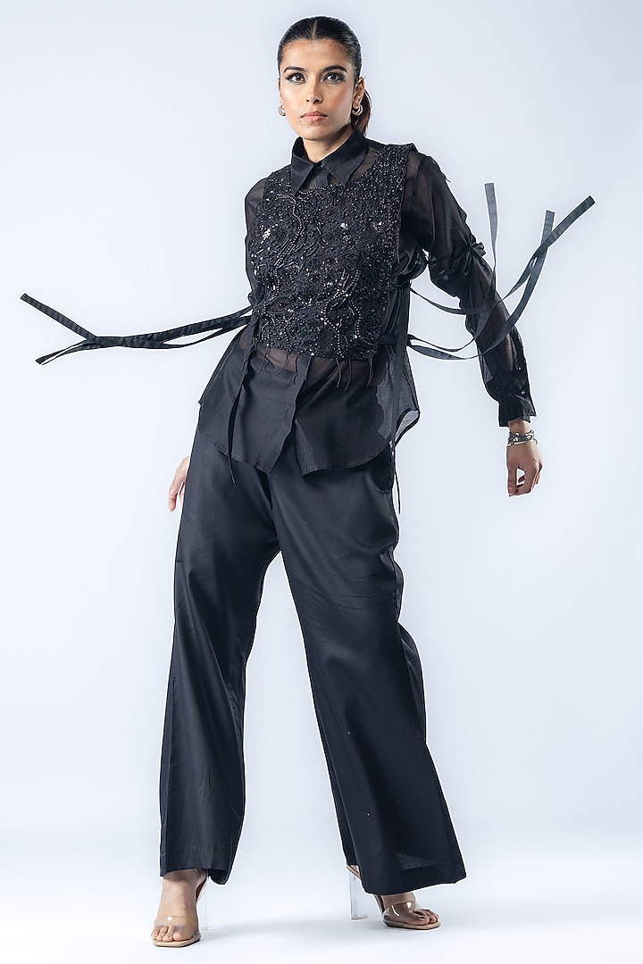 Black Chanderi Silk & Satin Cotton Marine Embroidered Co-ord Set by ANGSA BY NIDHIR & SHELLY at Pernia's Pop Up Shop